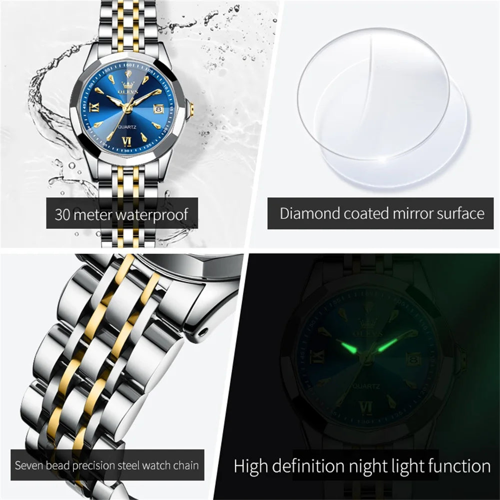 OLEVS 9998 Couple Watches - Rhombus Mirror, Luminous Date, Waterproof