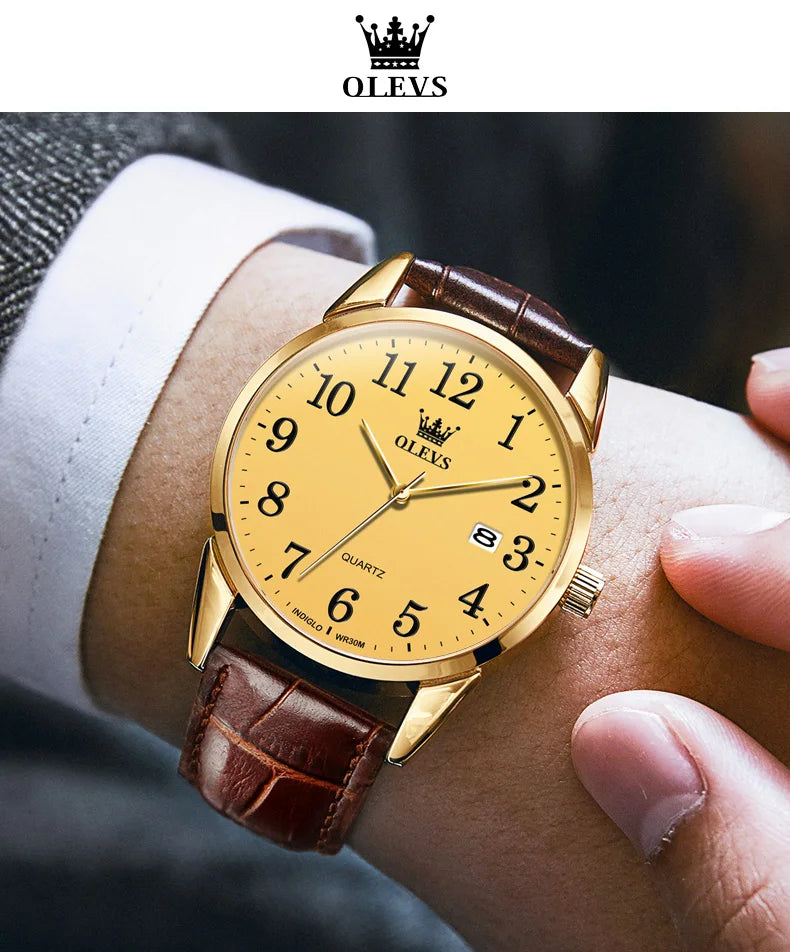 OLEVS 5566 Watch - Fashion Quartz, Leather Strap, Waterproof, Arabic Numeral, Men & Women