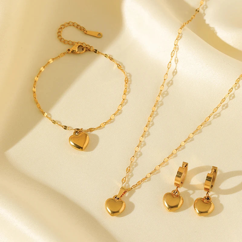 18K Gold Heart Love Jewelry Set - Necklace, Bracelet & Earrings