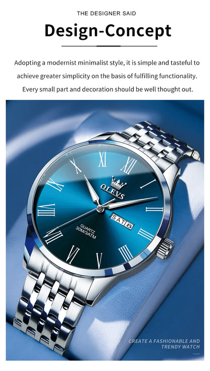 OLEVS 3633 Men's Watch - Business Simple, Waterproof, Luminous, Stainless Steel, Dual Calendar