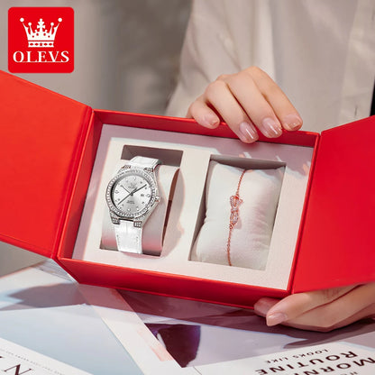OLEVS 5606 Original Diamond Watch - Leather Strap, 3M Waterproof, Luminous