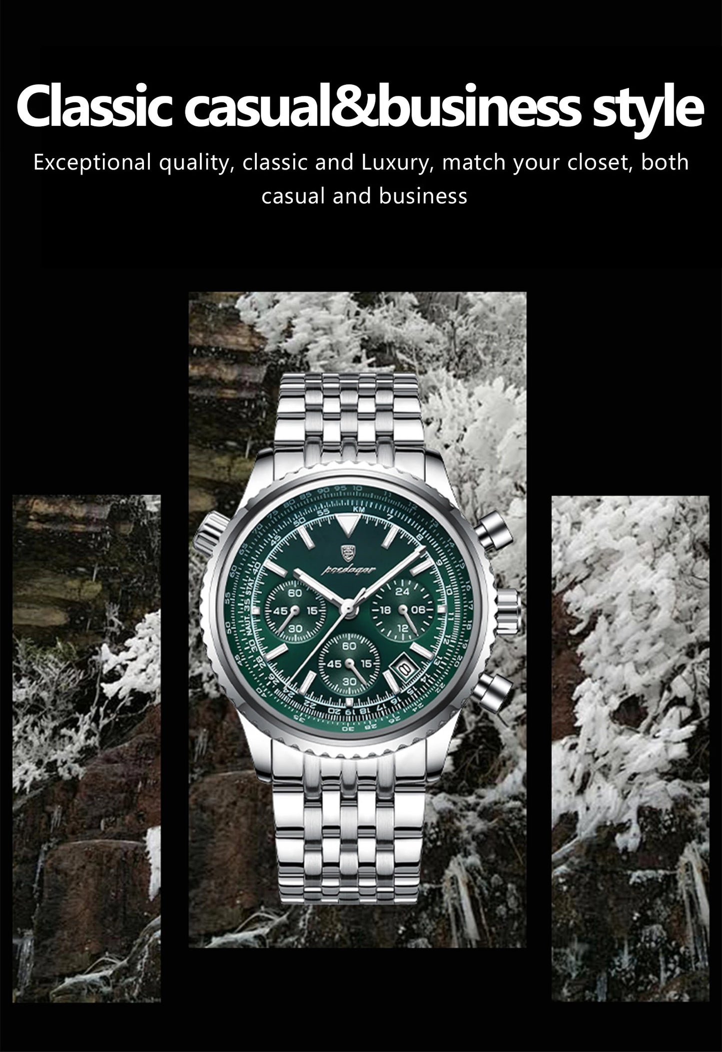 POEDAGAR 960 Men's Luxury Chronograph Watch - Stainless Steel, Luminous, 3ATM, Auto Date