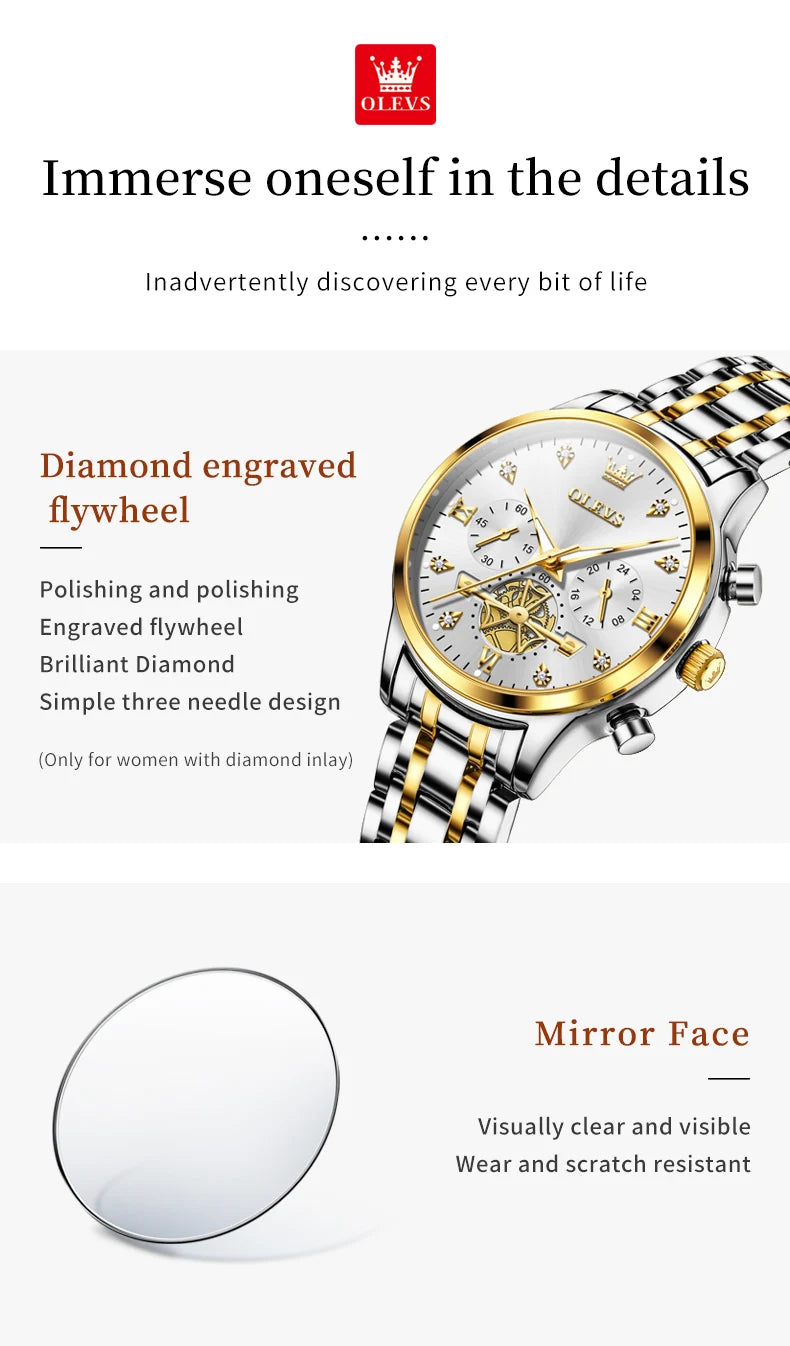 OLEVS 2859+2897 Couple Watch - Stainless Steel, Waterproof, Chronograph, Moon Phase, Flywheel