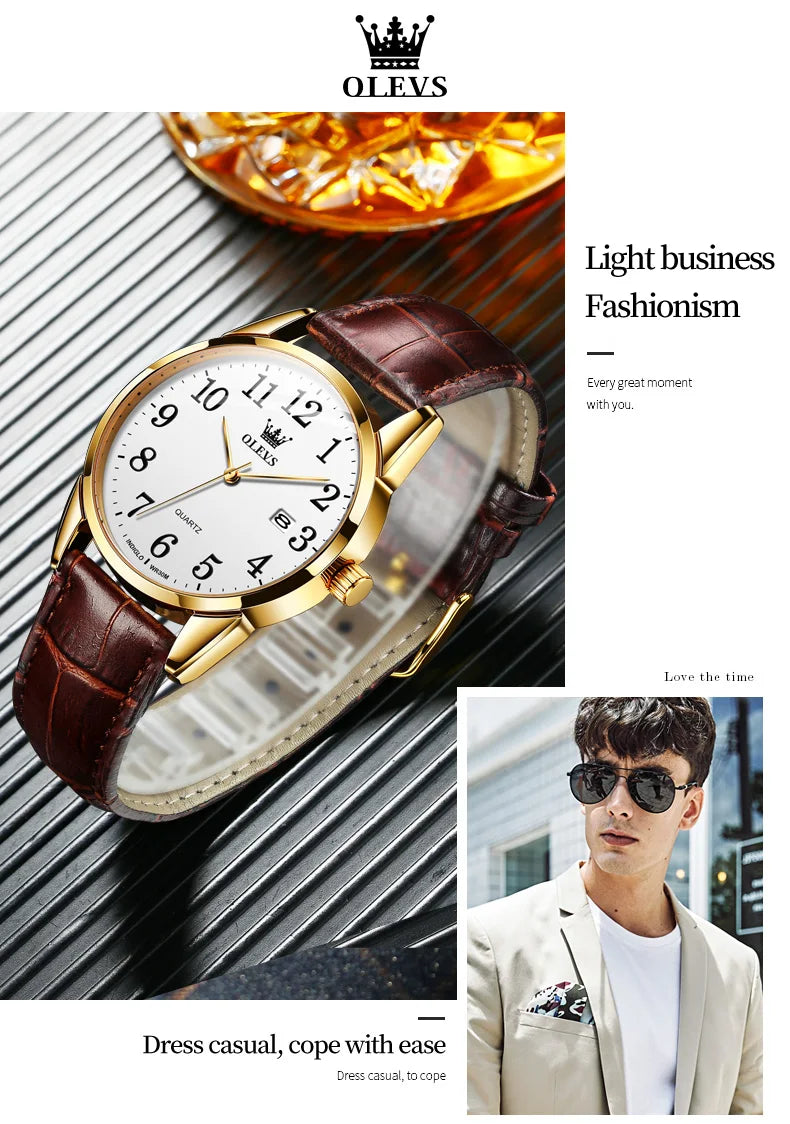 OLEVS 5566 Watch - Fashion Quartz, Leather Strap, Waterproof, Arabic Numeral, Men & Women