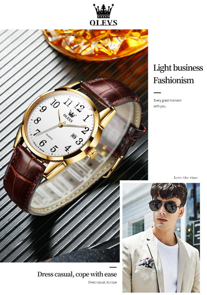 OLEVS 5566 Watch - Fashion Quartz, Leather Strap, Waterproof, Arabic Numeral, Men & Women