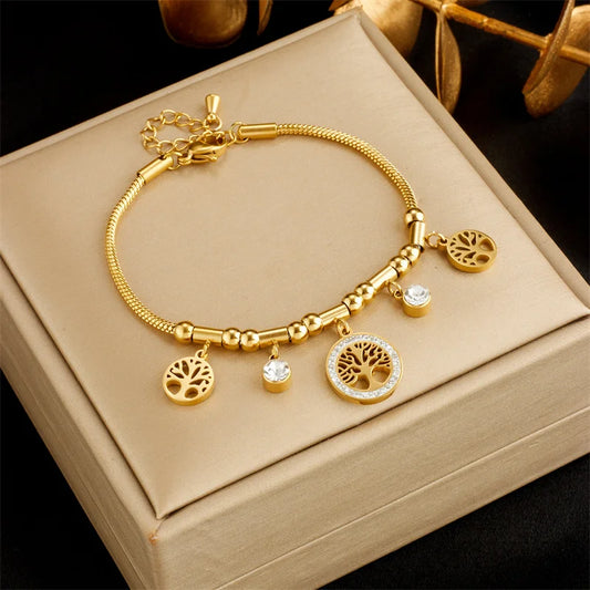 Gold Tree of Life Bracelet - Stainless Steel with Zircon