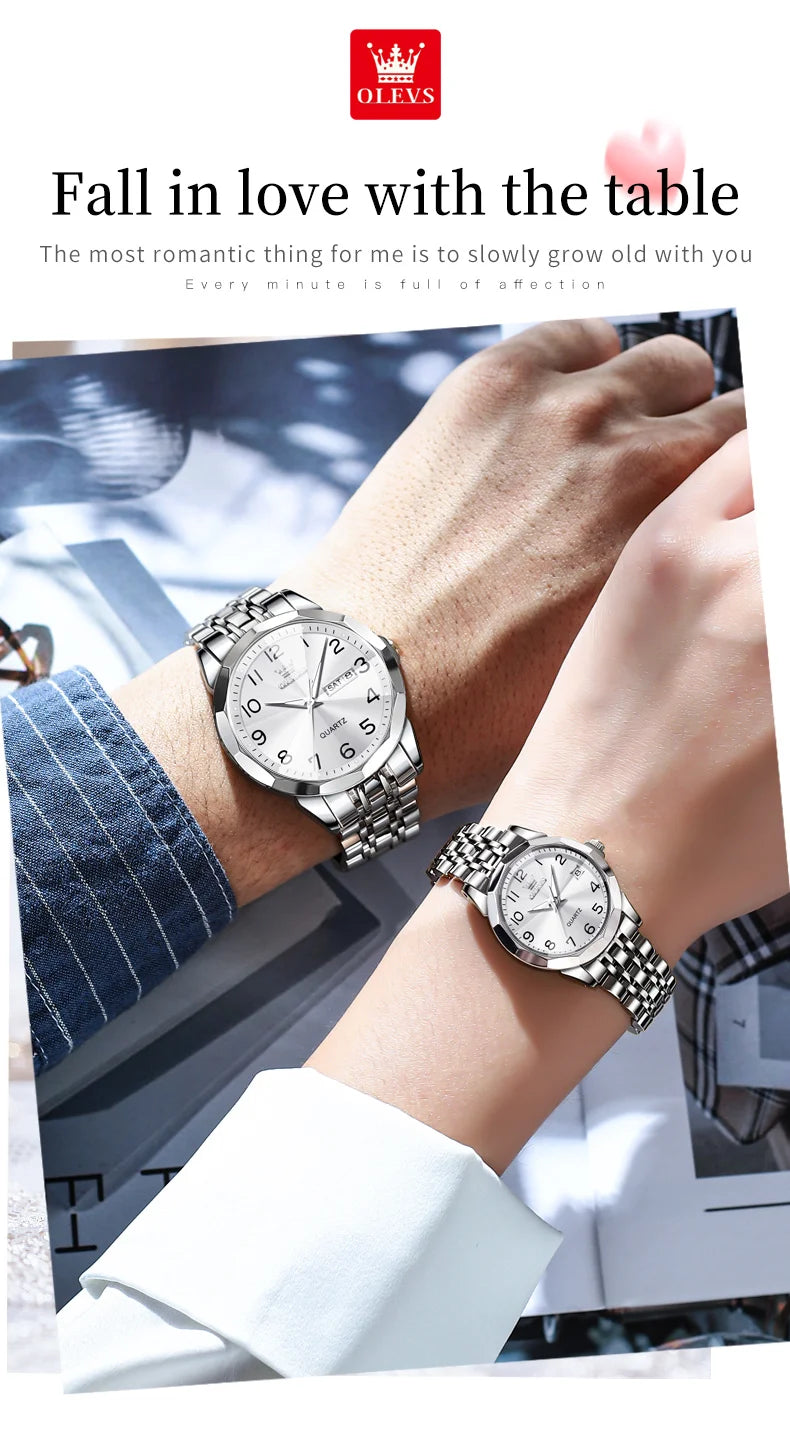 OLEVS 9970 Couple Watch - Luxury, Stainless Steel, Waterproof, Calendar, Digital Dial, Rhombus Mirror