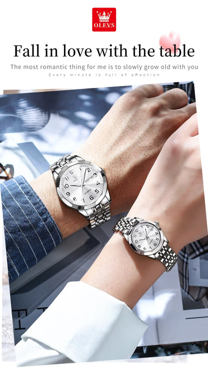 OLEVS 9970 Couple Watch - Luxury, Stainless Steel, Waterproof, Calendar, Digital Dial, Rhombus Mirror