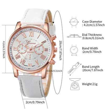 Women's 6pcs Quartz Watch & Diamond Jewelry Set - Leather Band, Roman Numeral, 42mm, No Box