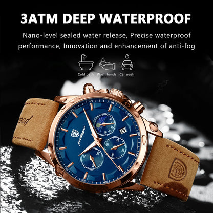 POEDAGAR 928 Men's Luxury Sport Watch - Leather Band, Luminous, Diver, 3ATM, Auto Date
