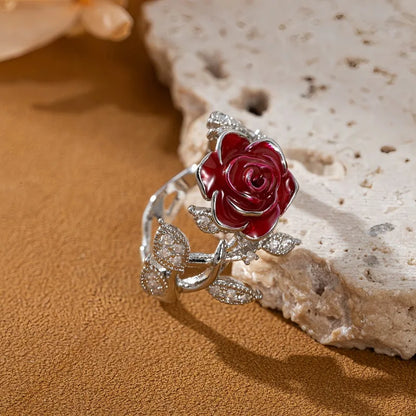 Vintage Red Rose Flower Ring - Elegant Gift Jewelry