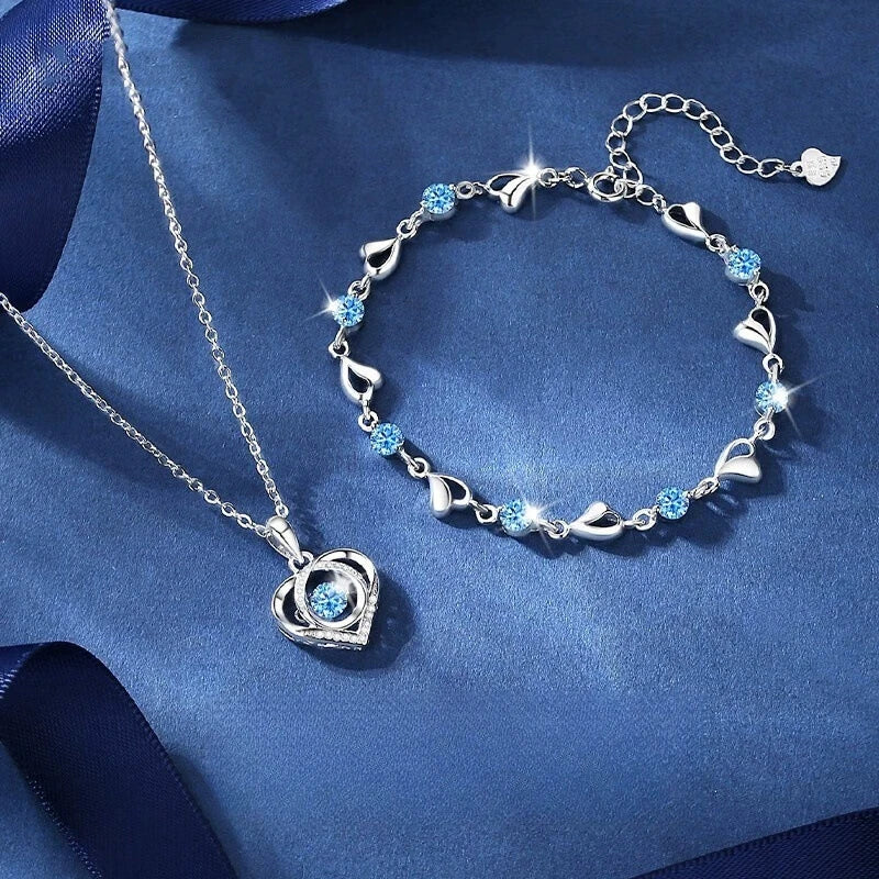 925 Sterling Silver Heart Necklace & Bracelet Set - Blue Crystal