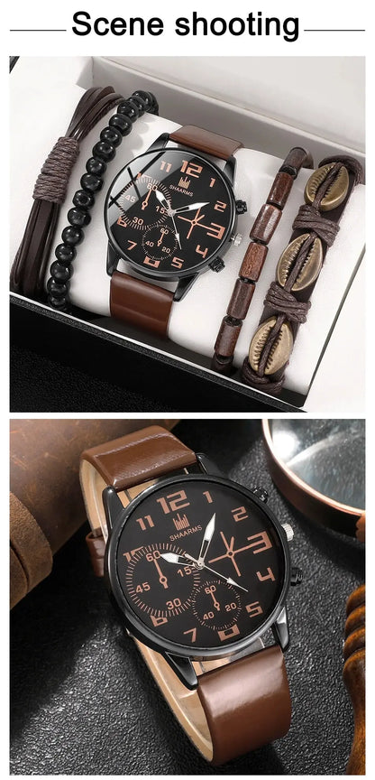 Men's 5pcs Retro Big Dial Quartz Watch & Bracelet Set - Leather Band, Arabic Numeral, 41mm