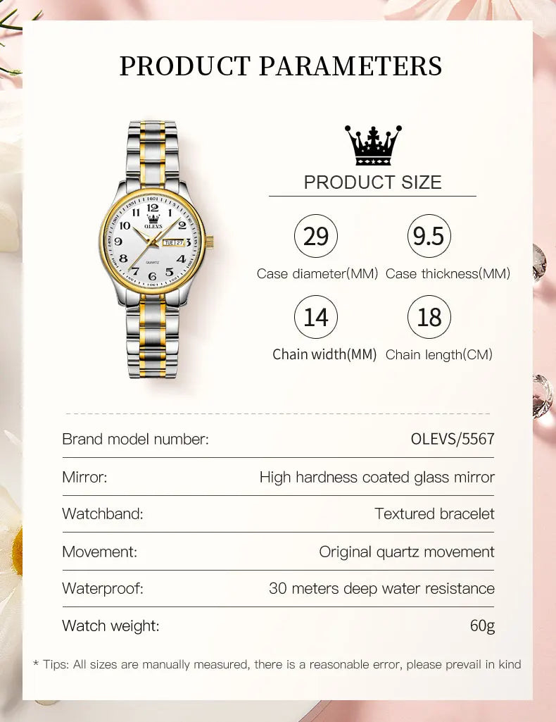 OLEVS 5567 Women's Watch - Fashion, Waterproof, Luminous, Stainless Steel Gold, Luxury Elegant