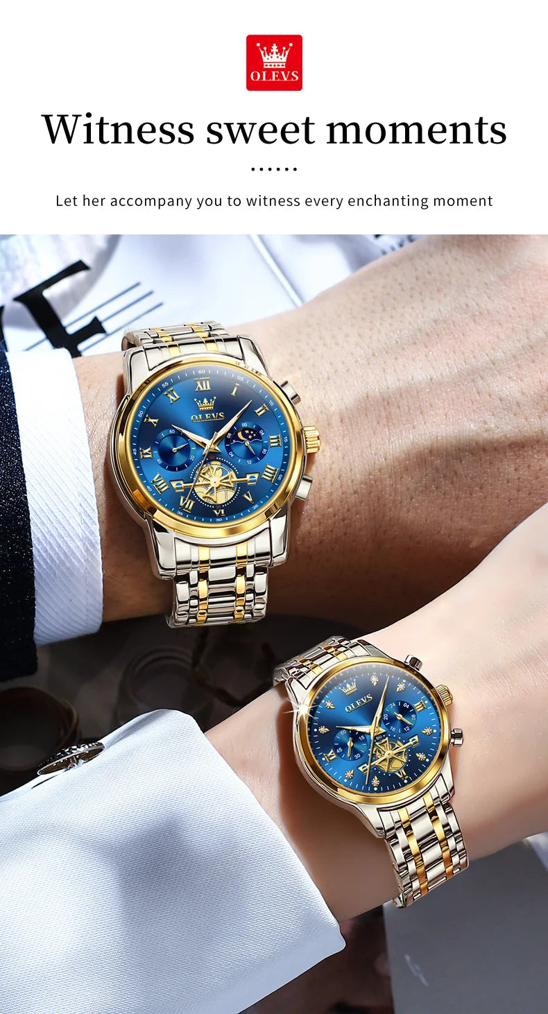 OLEVS 2859+2897 Couple Watch - Stainless Steel, Waterproof, Chronograph, Moon Phase, Flywheel