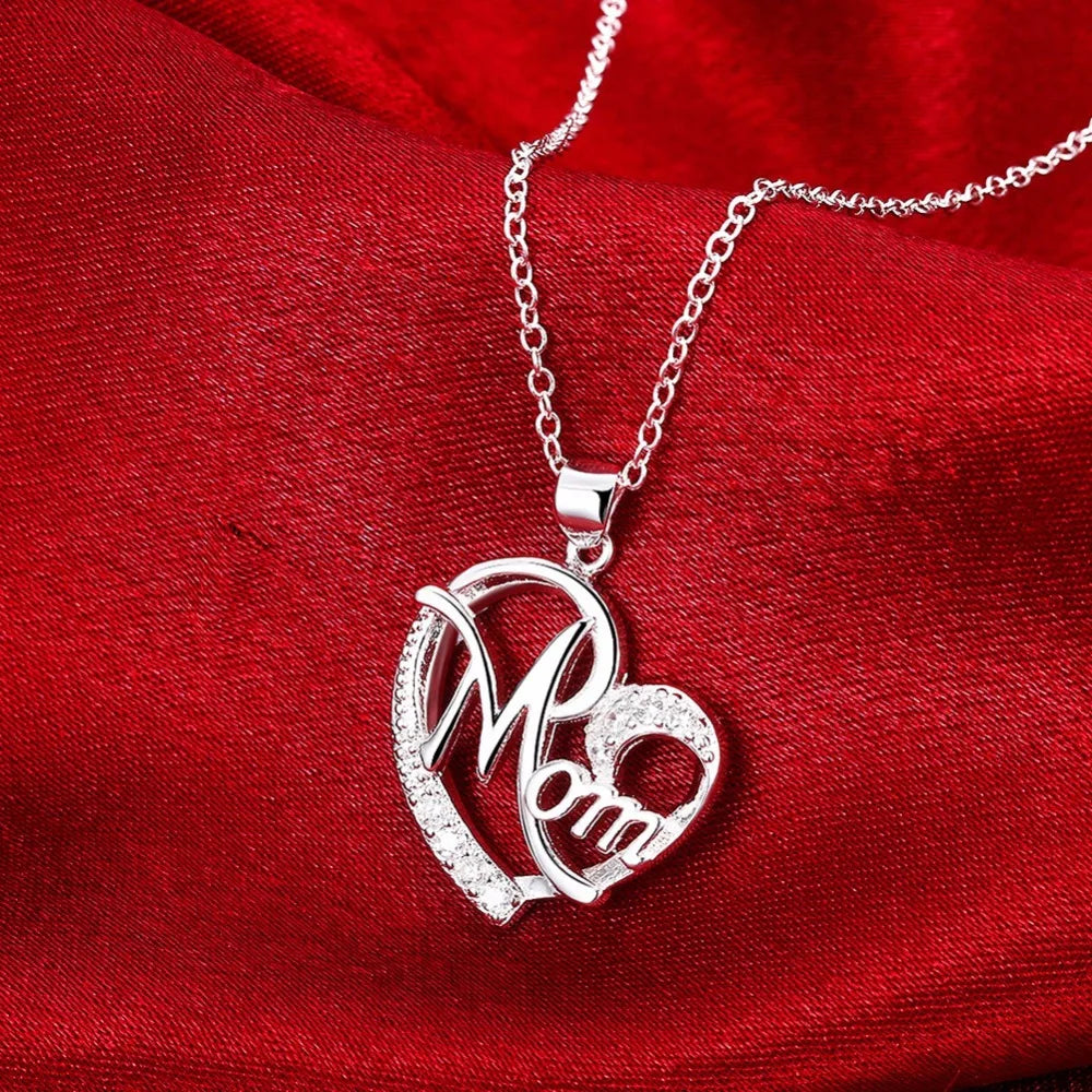 Mom Heart Pendant Necklace – 925 Sterling Silver, AAA Zircon Crystal