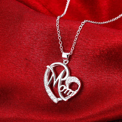 Mom Heart Pendant Necklace – 925 Sterling Silver, AAA Zircon Crystal