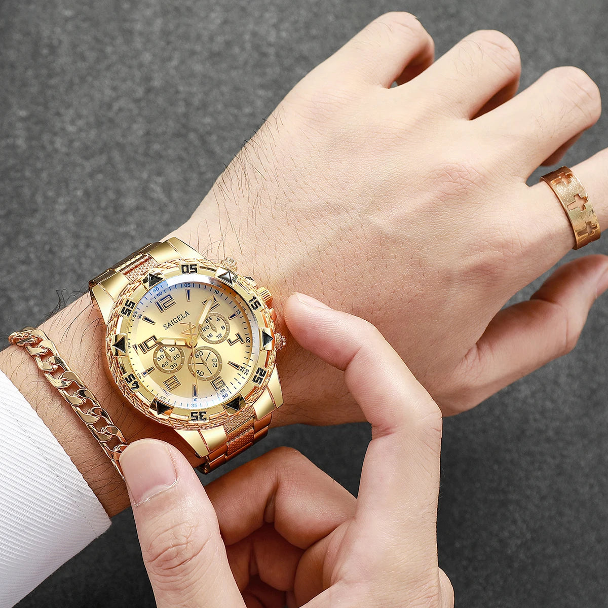 yolako 4pcs Men's Quartz Watch Jewelry Set - Watch, Bracelet, Necklace & Ring, 45mm, No Box