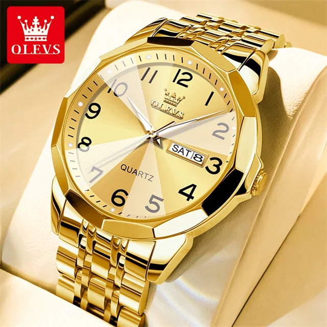 OLEVS 9970 Couple Watch - Luxury, Stainless Steel, Waterproof, Calendar, Digital Dial, Rhombus Mirror