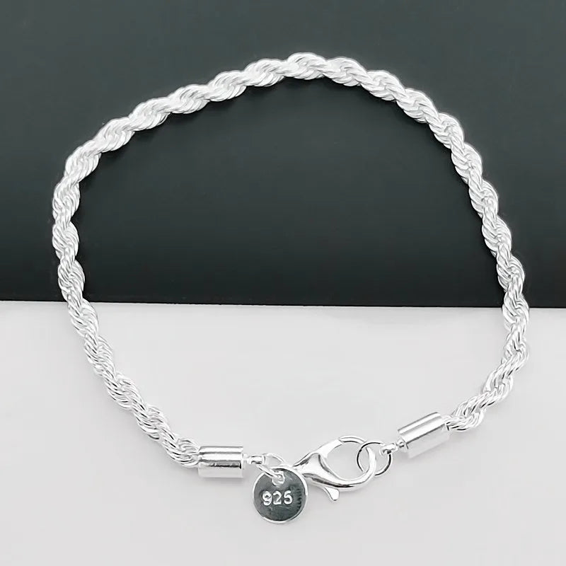 925 Sterling Silver 4mm Twisted Rope Bracelet - Unisex