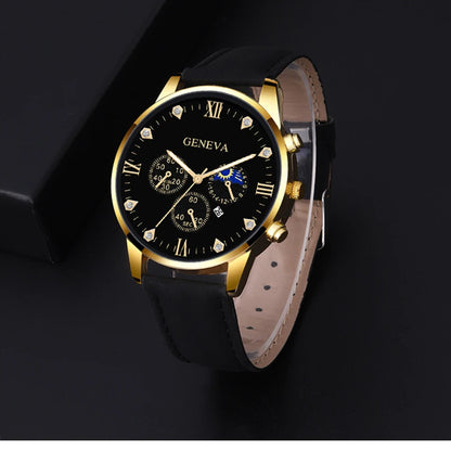 DEYROS 2pcs Men's Luxury Quartz Watch & Bracelet Set - Leather Band, Numberless Dial, No Box