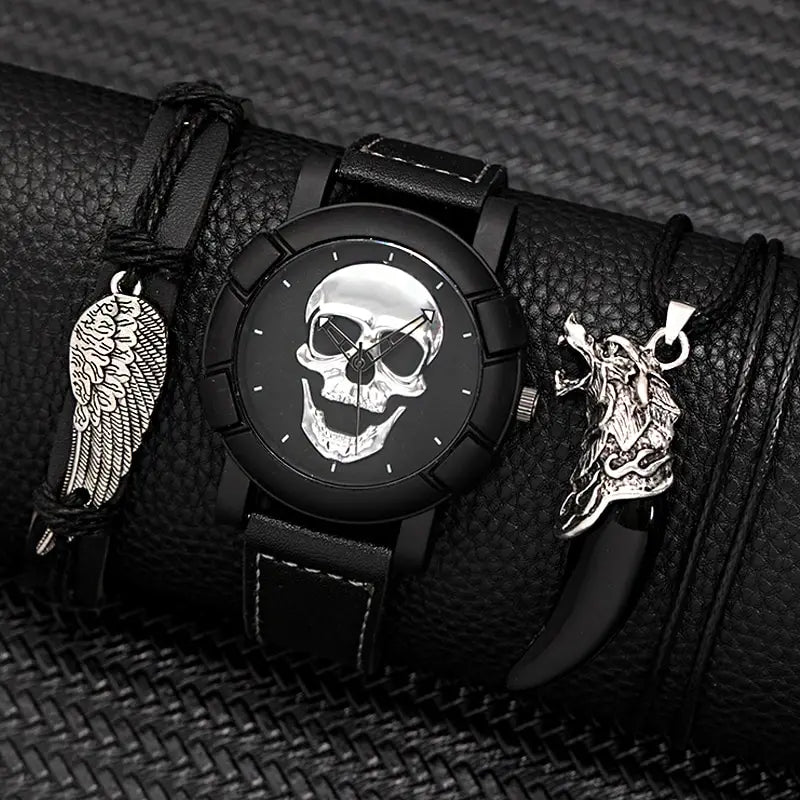 DEYROS 3pcs Men's Skull Quartz Watch Set - Watch, Necklace & Bracelet, Stainless Steel, Hardlex