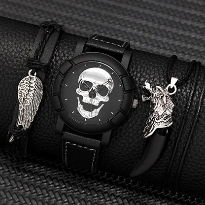 DEYROS 3pcs Men's Skull Quartz Watch Set - Watch, Necklace & Bracelet, Stainless Steel, Hardlex
