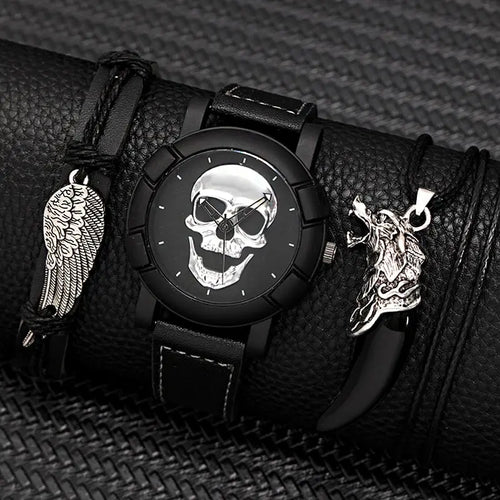 DEYROS 3pcs Men's Skull Quartz Watch Set - Watch, Necklace & Bracelet, Stainless Steel, Hardlex