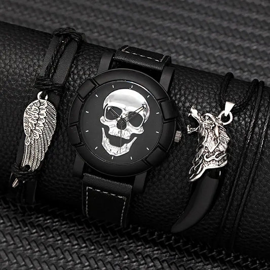 DEYROS 3pcs Men's Skull Quartz Watch Set - Watch, Necklace & Bracelet, Stainless Steel, Hardlex