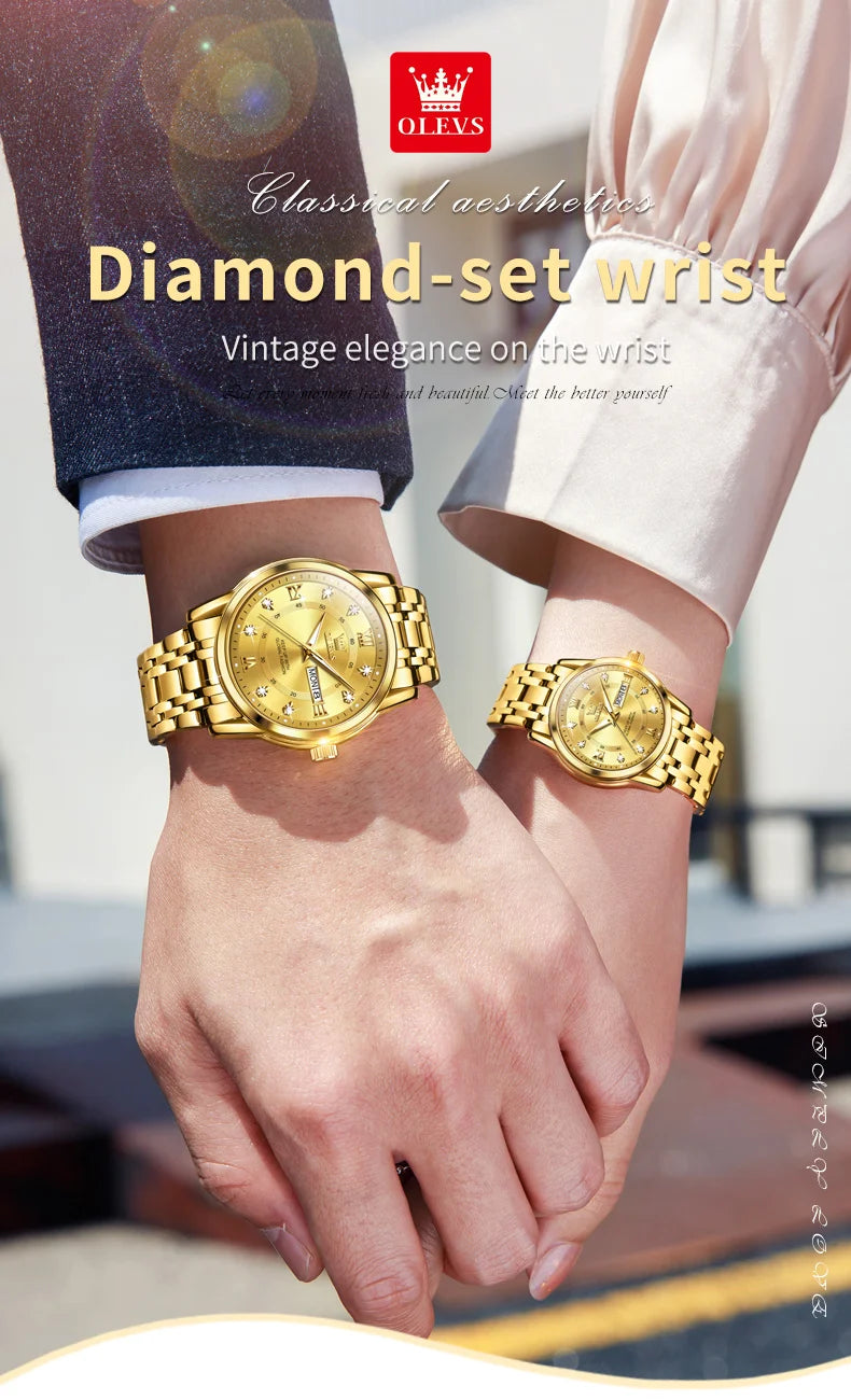 OLEVS 5513 Couple Watch - Stainless Steel, Waterproof, Luxury Gold Diamond, Lover's Pair