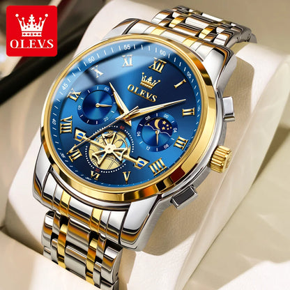 OLEVS 2859+2897 Couple Watch - Stainless Steel, Waterproof, Chronograph, Moon Phase, Flywheel