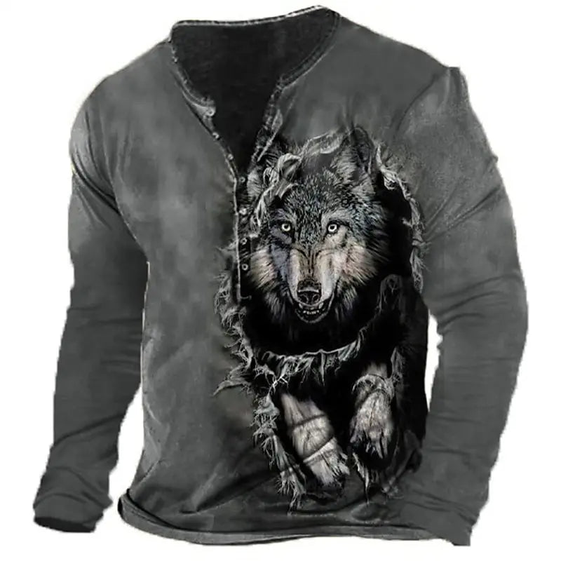3D Wolf Men's T-Shirt - Polyester Long Sleeve Henry Collar