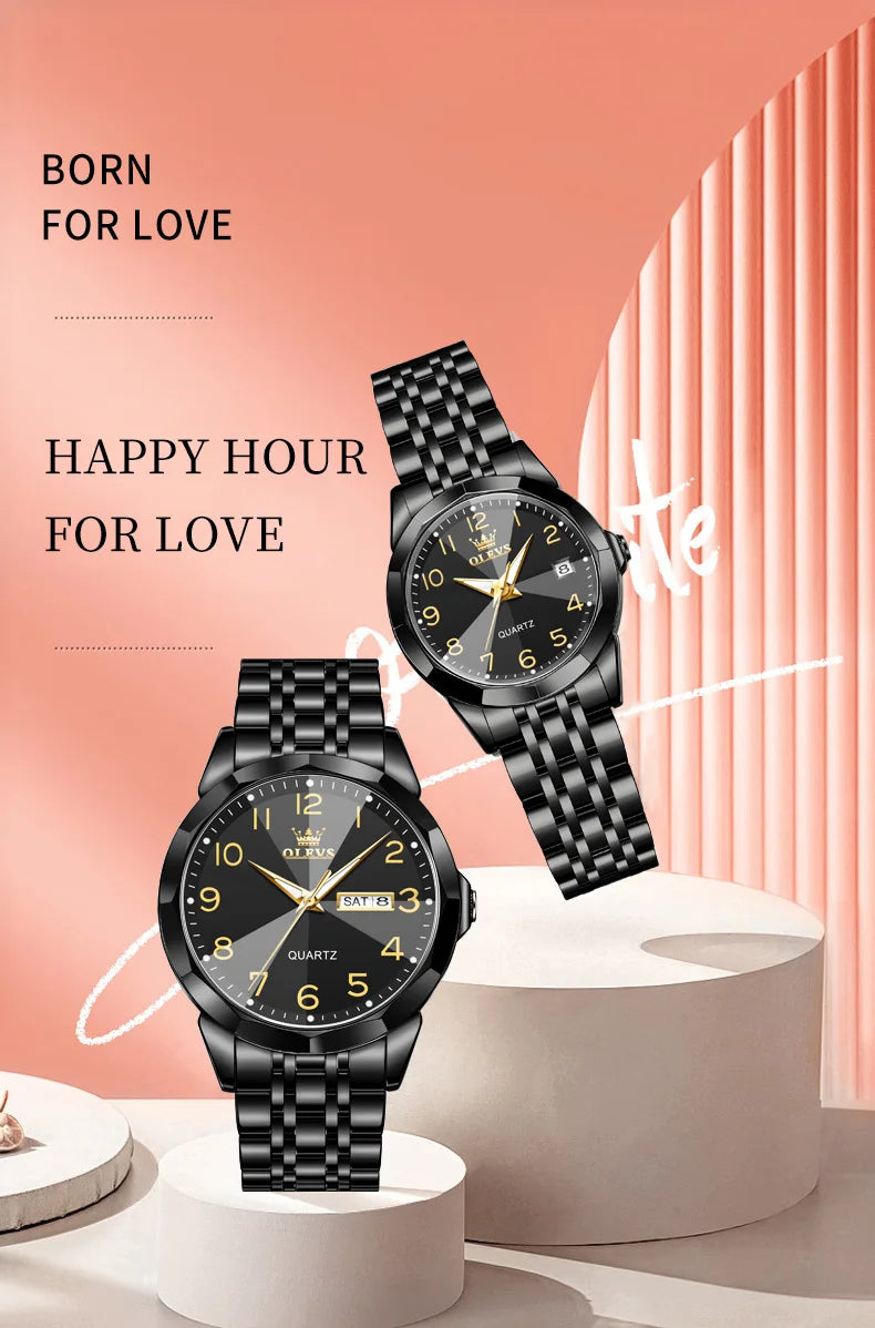 OLEVS 9970 Couple Watch - Luxury, Stainless Steel, Waterproof, Calendar, Digital Dial, Rhombus Mirror