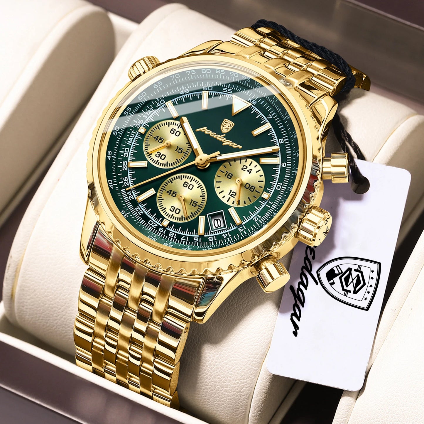 POEDAGAR 960 Men's Luxury Chronograph Watch - Stainless Steel, Luminous, 3ATM, Auto Date