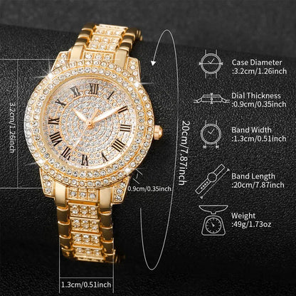 RUNERR Women's 6pcs Full Diamond Quartz Watch & Jewelry Set - Gold Steel Band, Roman Numeral, 30mm