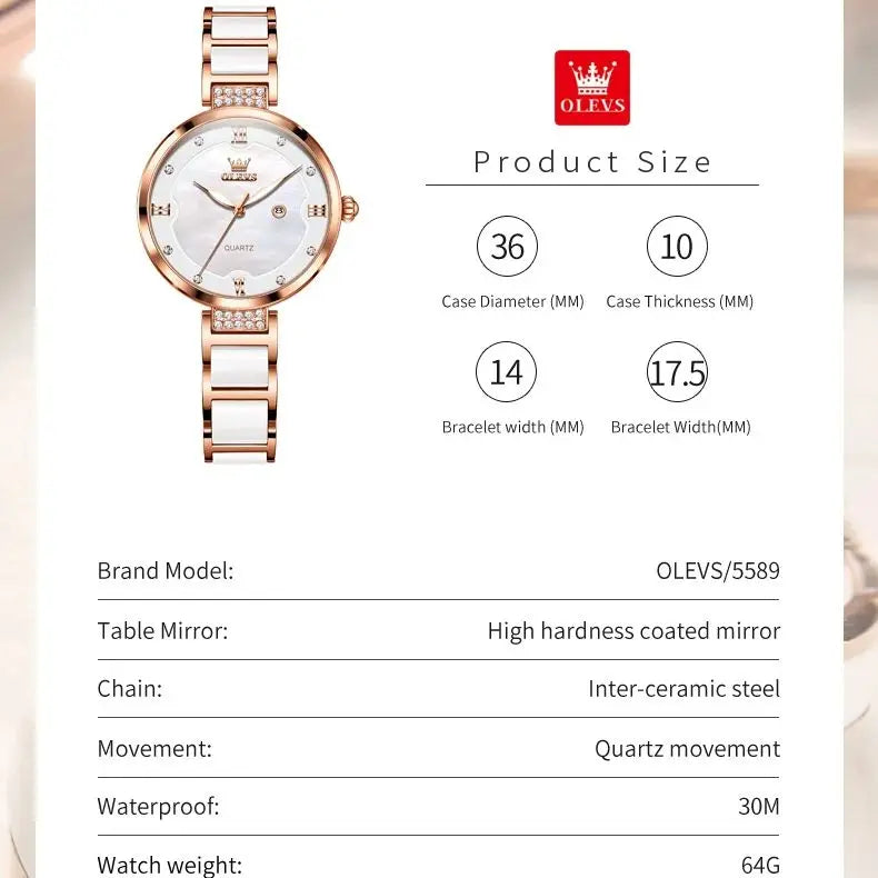 OLEVS 5589 Luxury Diamond Women's Watch - Ceramic Band, Roman Numeral, 3ATM, Bracelet Set