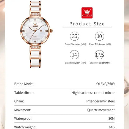 OLEVS 5589 Luxury Diamond Women's Watch - Ceramic Band, Roman Numeral, 3ATM, Bracelet Set