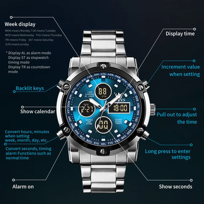 OLEVS Men’s Stainless Steel Multifunctional Analog-Digital Watch