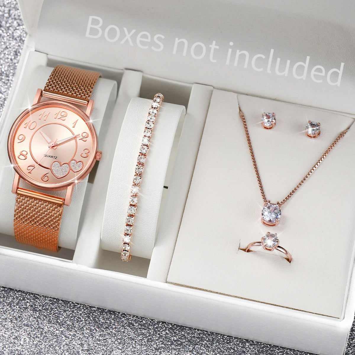 Women's Heart Dial Quartz Watch & Rhinestone Heart Jewelry Set - Plastic Band, 38mm, No Box