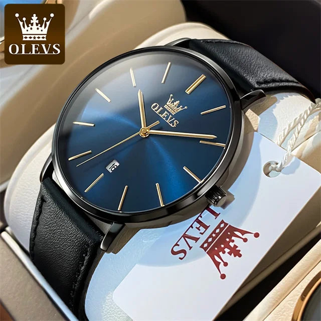 OLEVS 5869 Men's Watch - Ultra Thin 6.5mm, Minimalist, Leather Strap, Waterproof, Auto Date