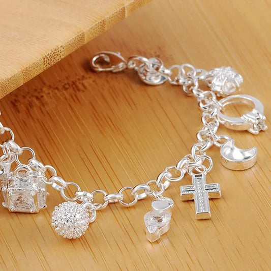 925 Sterling Silver Charm Bracelet - 13 Pendants