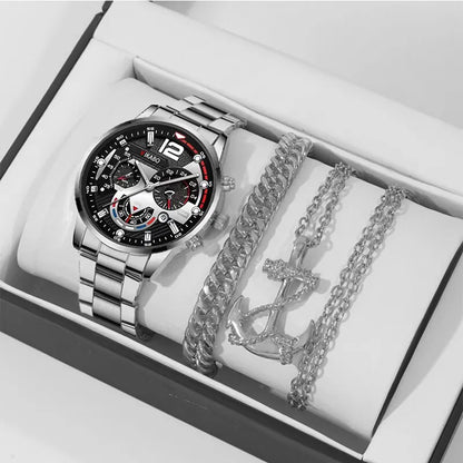 DEYROS 3pcs Men's Quartz Watch, Necklace & Bracelet Set - Stainless Steel, Hardlex, Auto Date