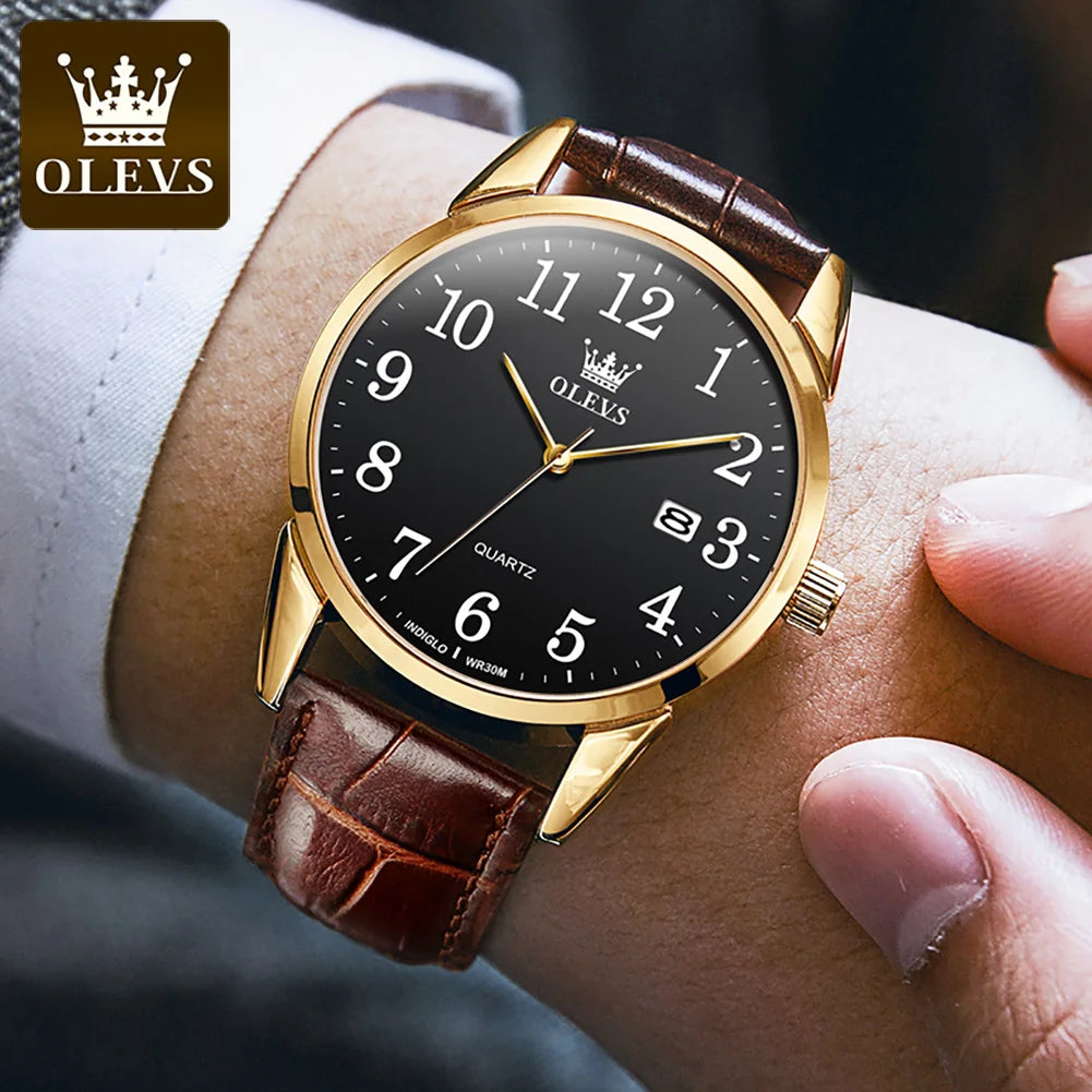 OLEVS 5566 Watch - Fashion Quartz, Leather Strap, Waterproof, Arabic Numeral, Men & Women