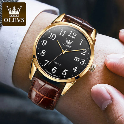 OLEVS 5566 Watch - Fashion Quartz, Leather Strap, Waterproof, Arabic Numeral, Men & Women