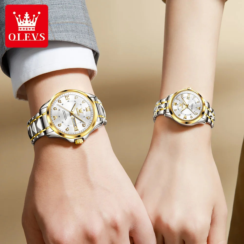 OLEVS 2906 Couple Watch - Roman Scale, Diamond Dial, Rhombus Strap, Waterproof