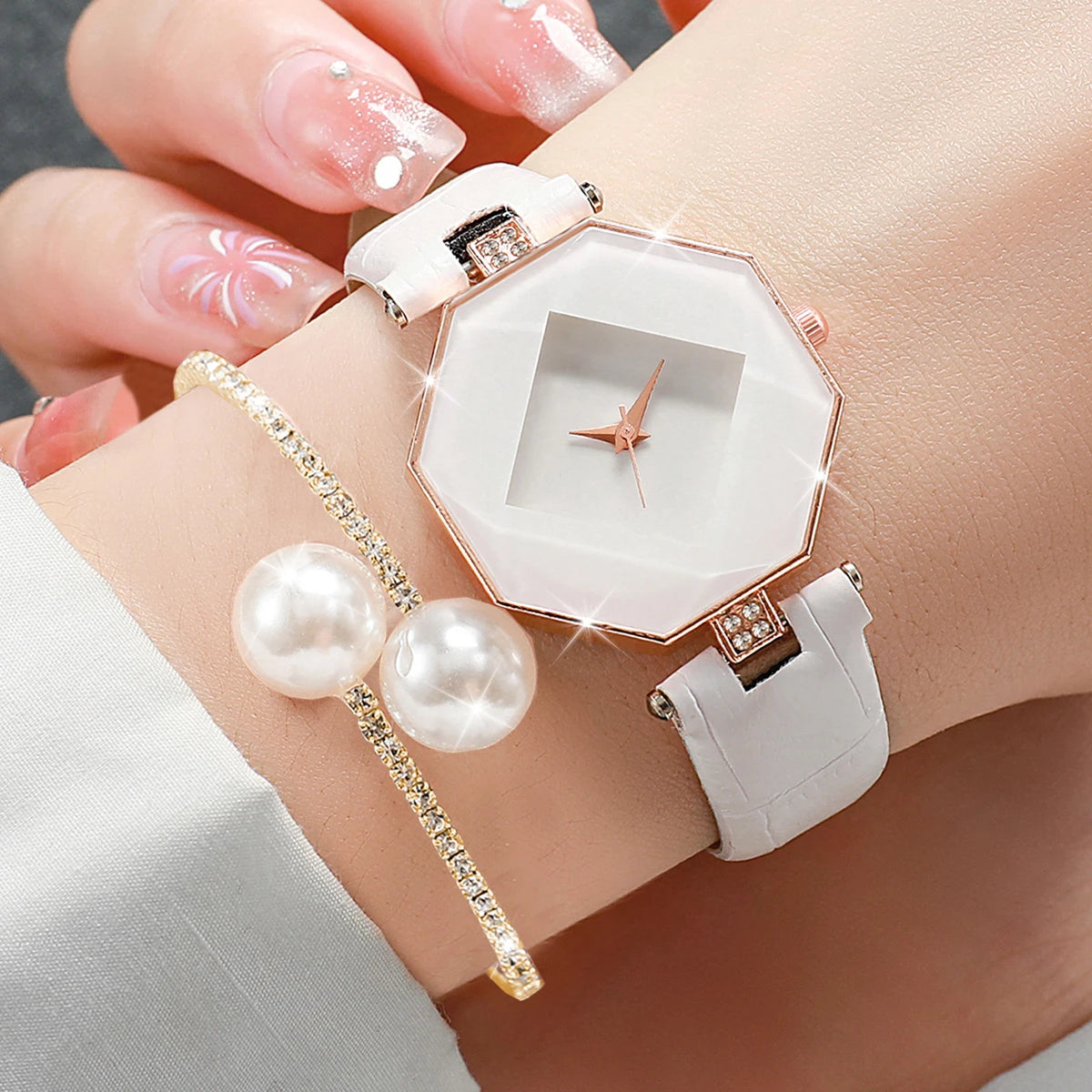 Women's 2pcs Leather Band Quartz Watch & Pearls Bracelet Set - Numberless Dial, 30mm, No Box