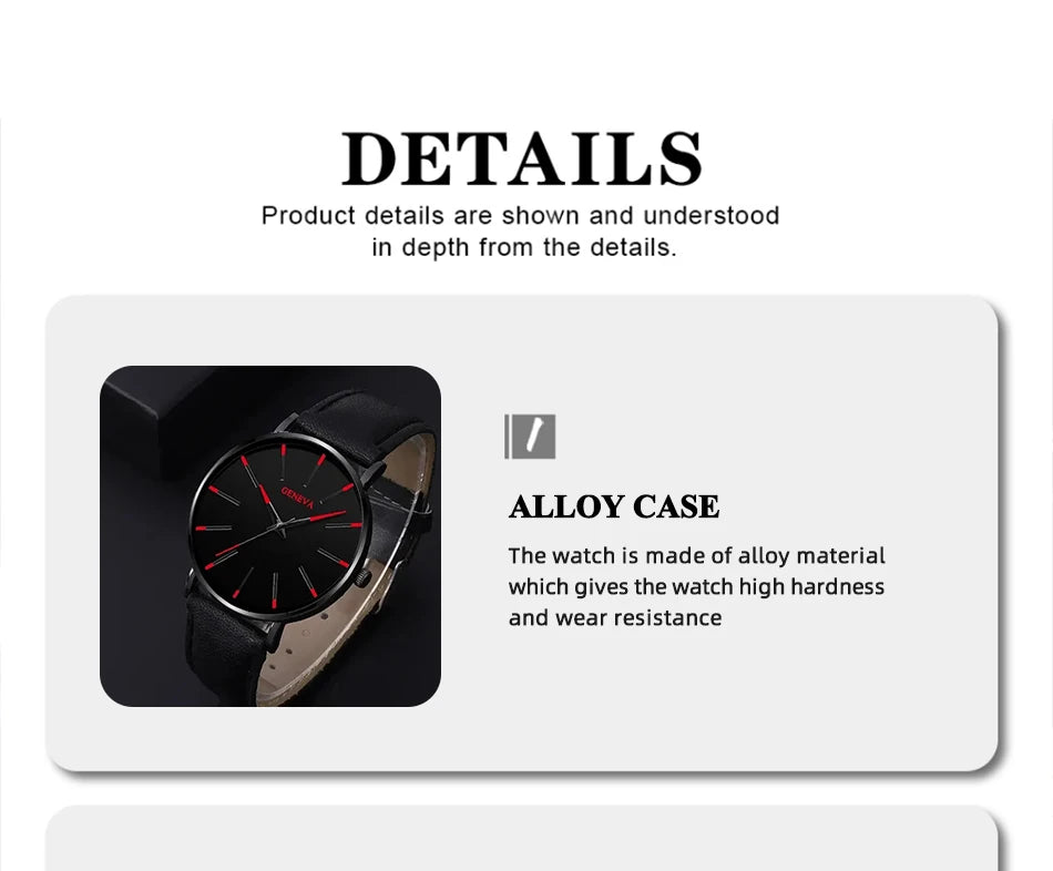 DIJANES Men's Quartz Watch & PU Leather Bracelet Set - Numberless Dial, Buckle, Fashion Casual