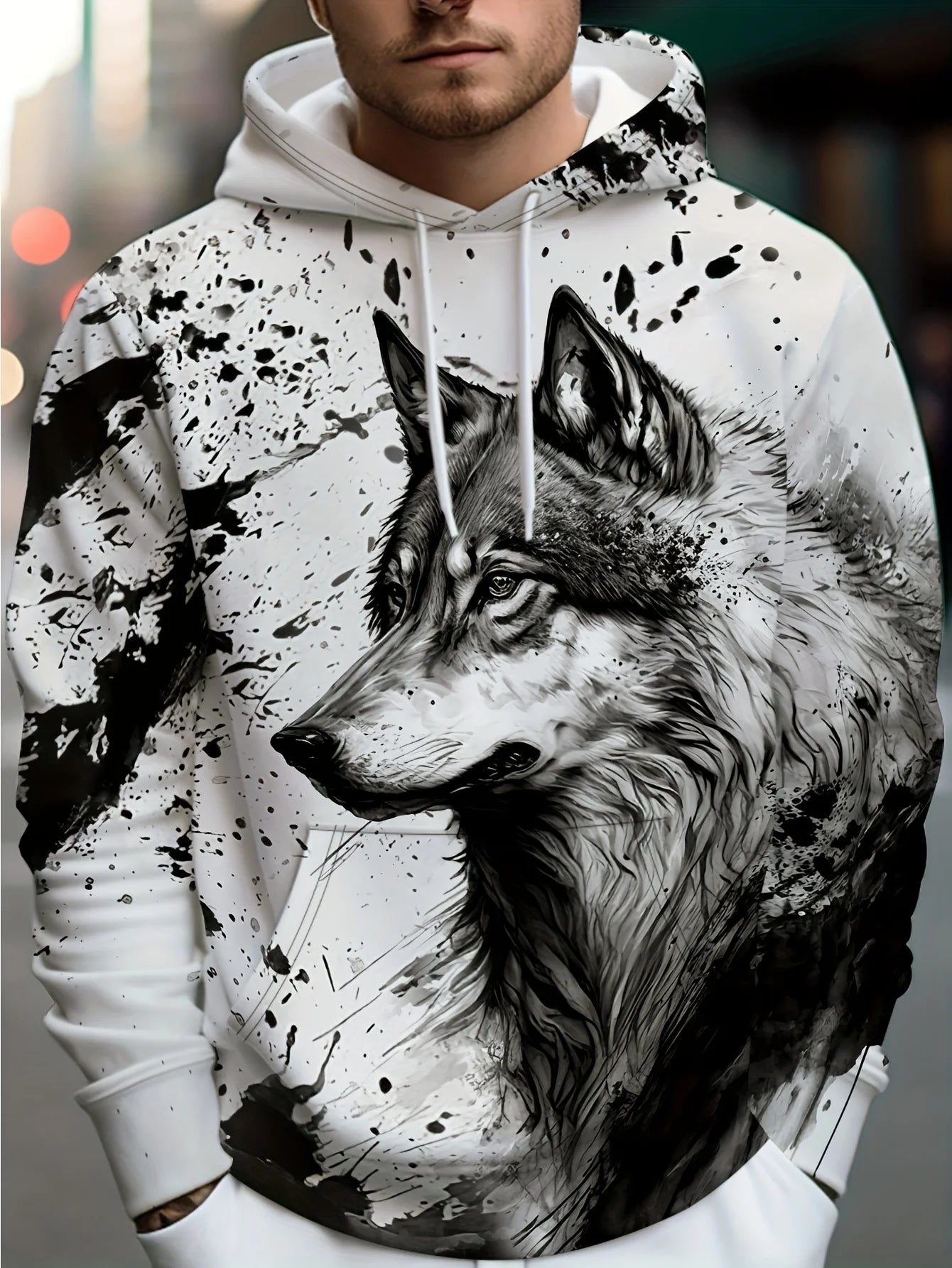 Wolf 3D Print Hoodie - Polyester O-Neck Front Pocket Streetwear