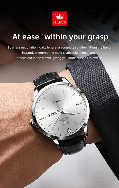OLEVS 2935 Men's Watch - 43mm, Dual Calendar, Luminous, 3ATM Waterproof, Leather Strap