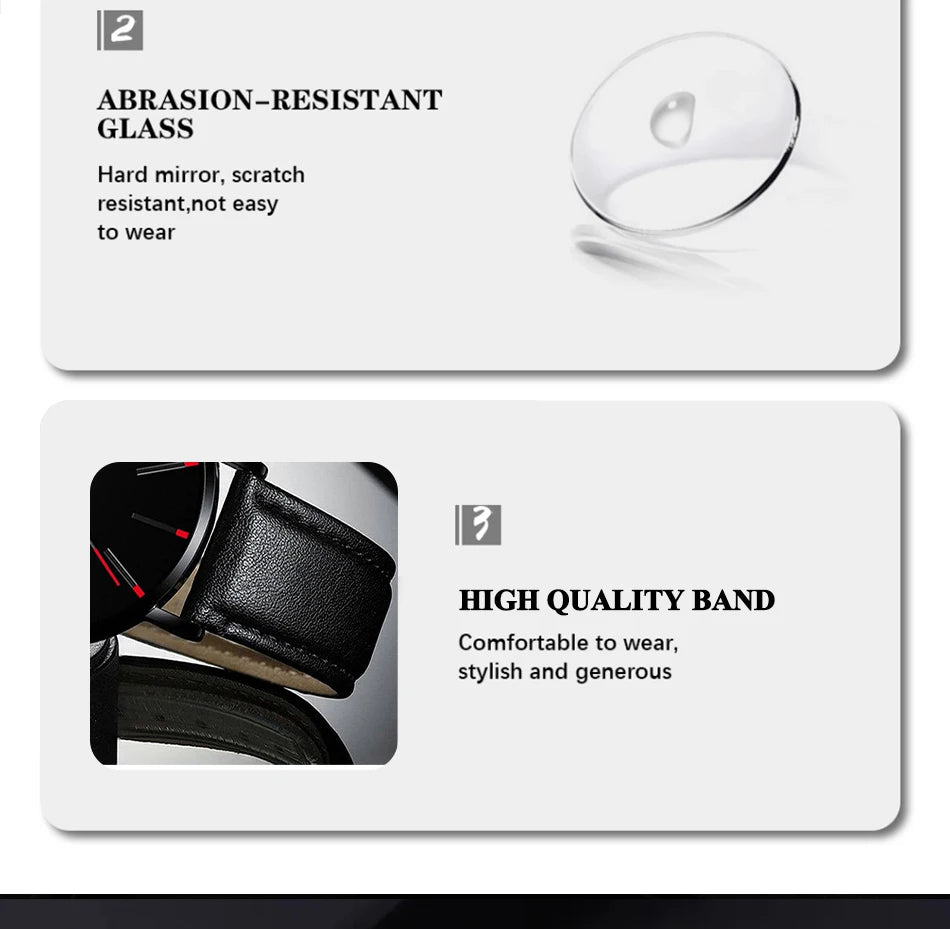DIJANES Men's Quartz Watch & PU Leather Bracelet Set - Numberless Dial, Buckle, Fashion Casual